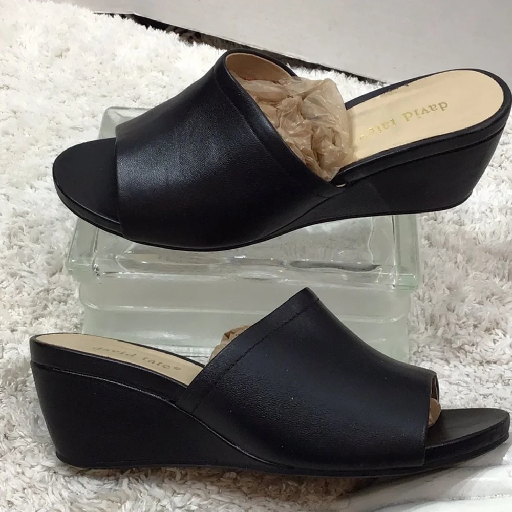 David Tate black leather wedge slides 9W